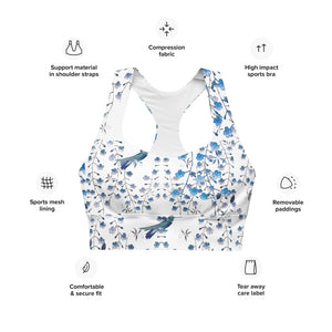 Our signature sports bra featuring tiny florals and hummingbirds