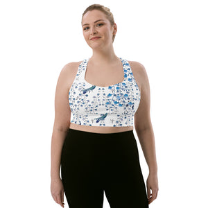 Our signature sports bra featuring tiny florals and hummingbirds