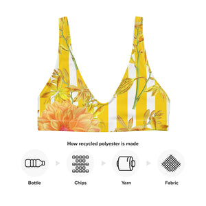 Recycled bikini sports bralette with removable pads with yellow stripes and florals