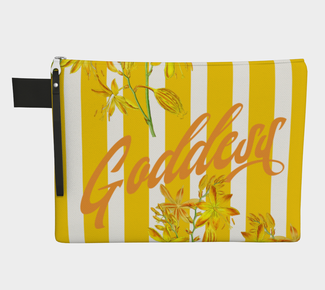 Luxe canvas pouch, fully lined with vegan leather details, featuring our yellow stripes and florals print with the word "Goddess" on the front.