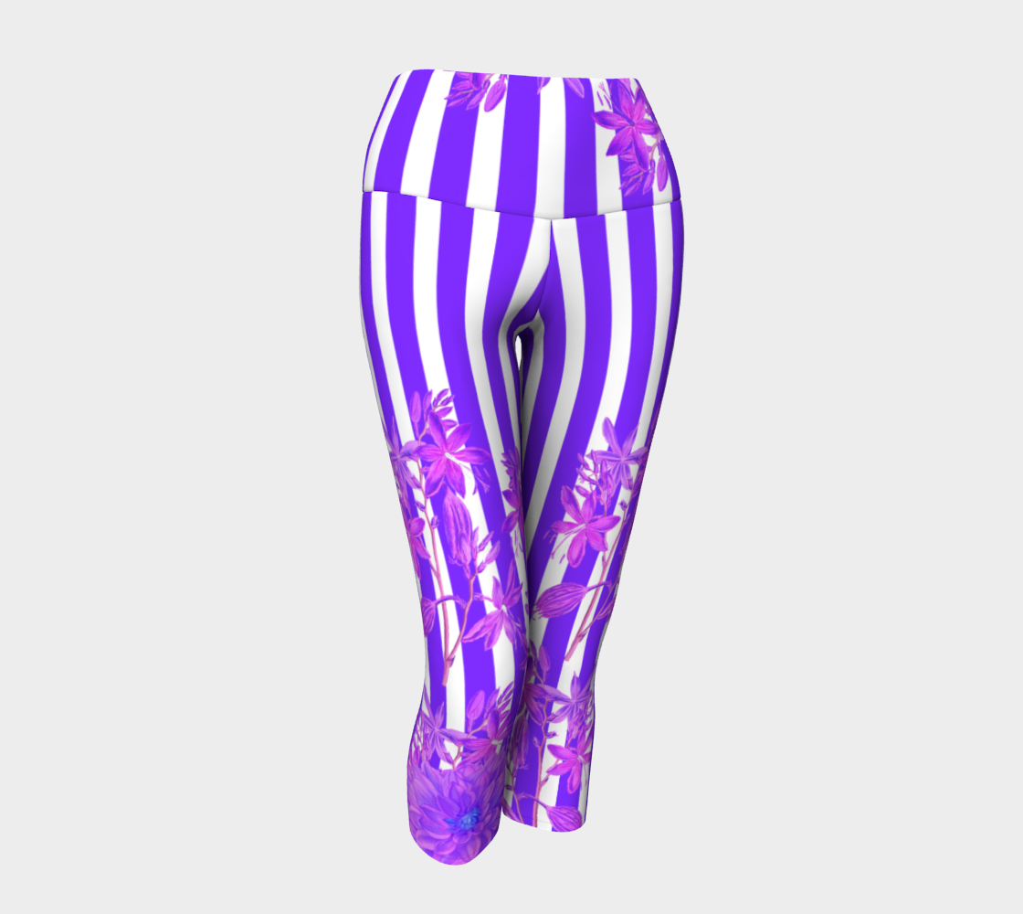 Featuring gorgeous purple stripes and florals adorn these high-waisted compression capri length leggings.