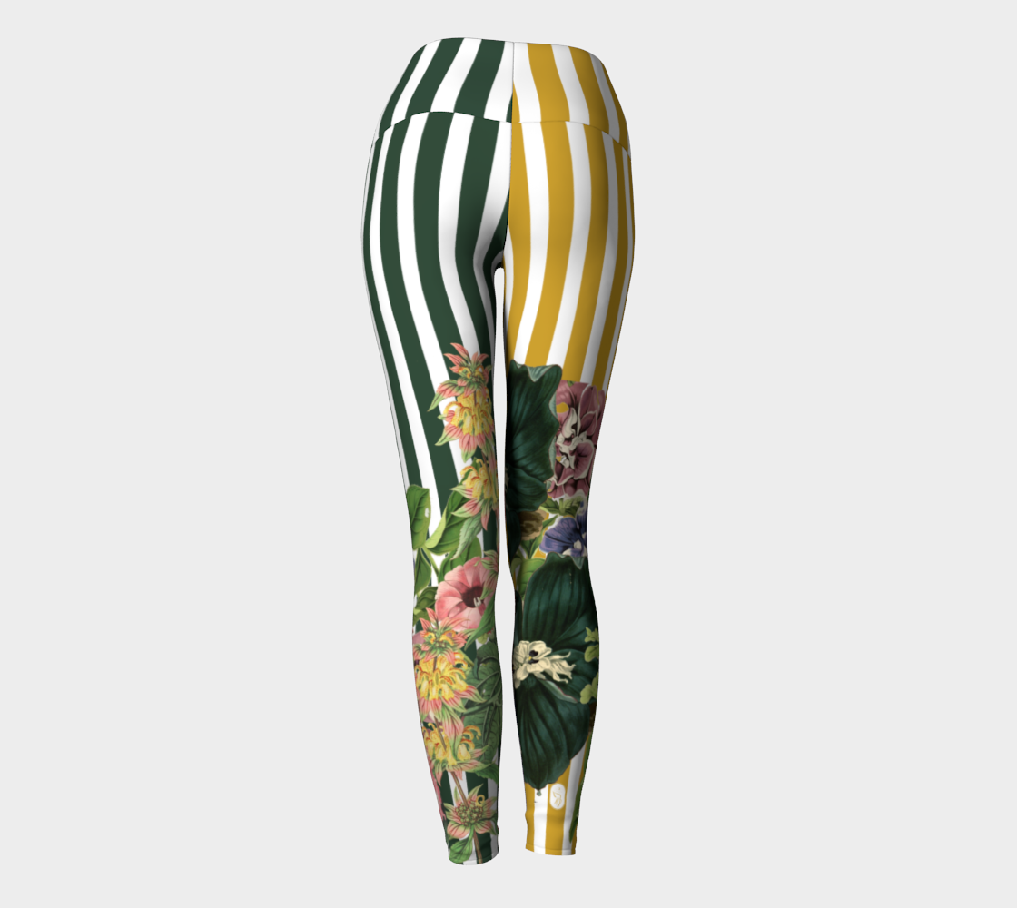 High-waisted compression leggings with yellow and green stripes and gorgeous vintage botanicals.