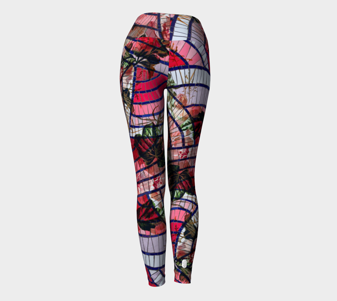 An artistic blend of pink mosaic tiles and vintage botanicals on these compression leggings