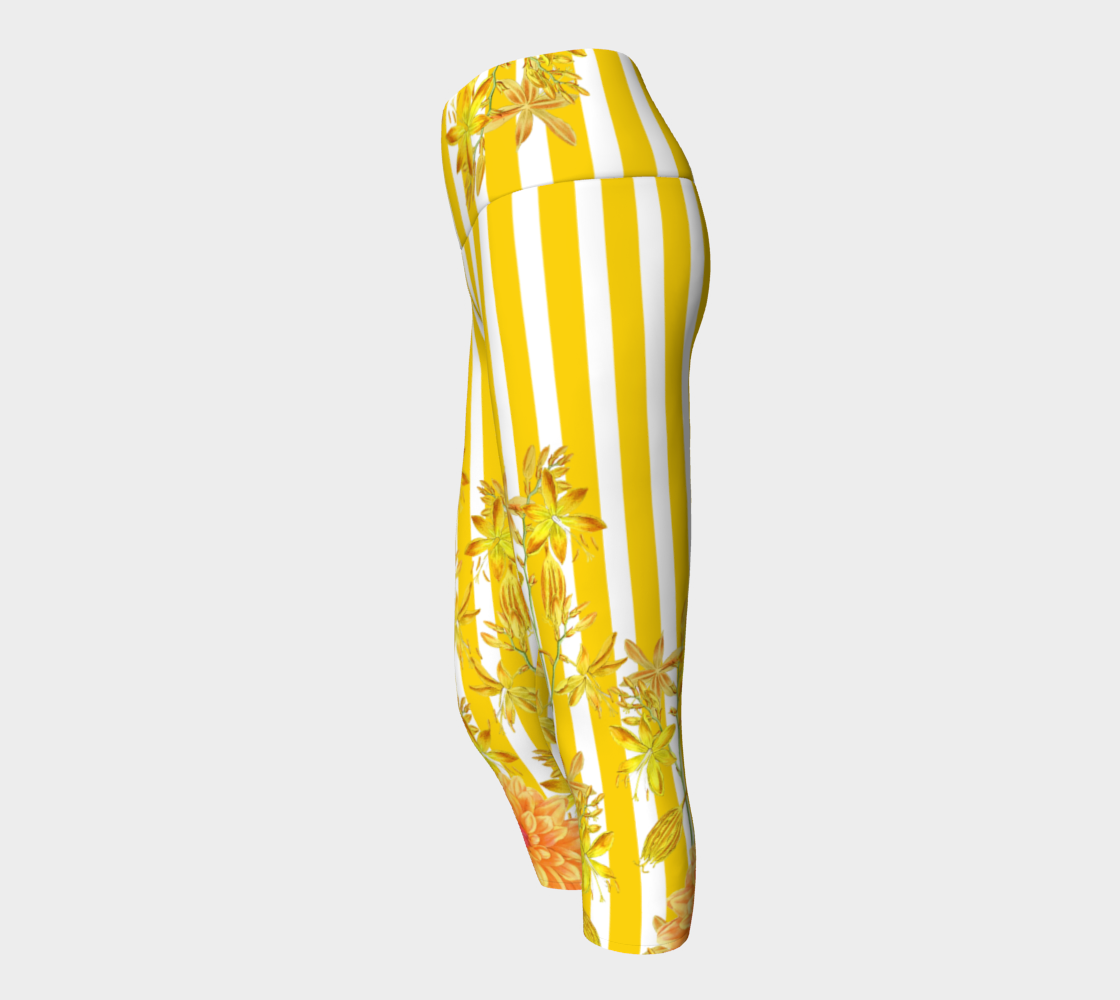 Featuring gorgeous yellow stripes and florals adorn these high-waisted compression capri length leggings.