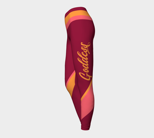 Our signature color block style in wine, pink and orange color palette, with the word "Goddess" down one leg, on these high-waisted compression leggings.