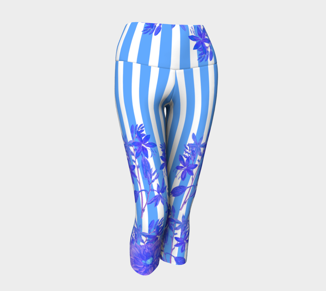 Featuring gorgeous blue stripes and florals adorn these high-waisted compression capri length leggings.