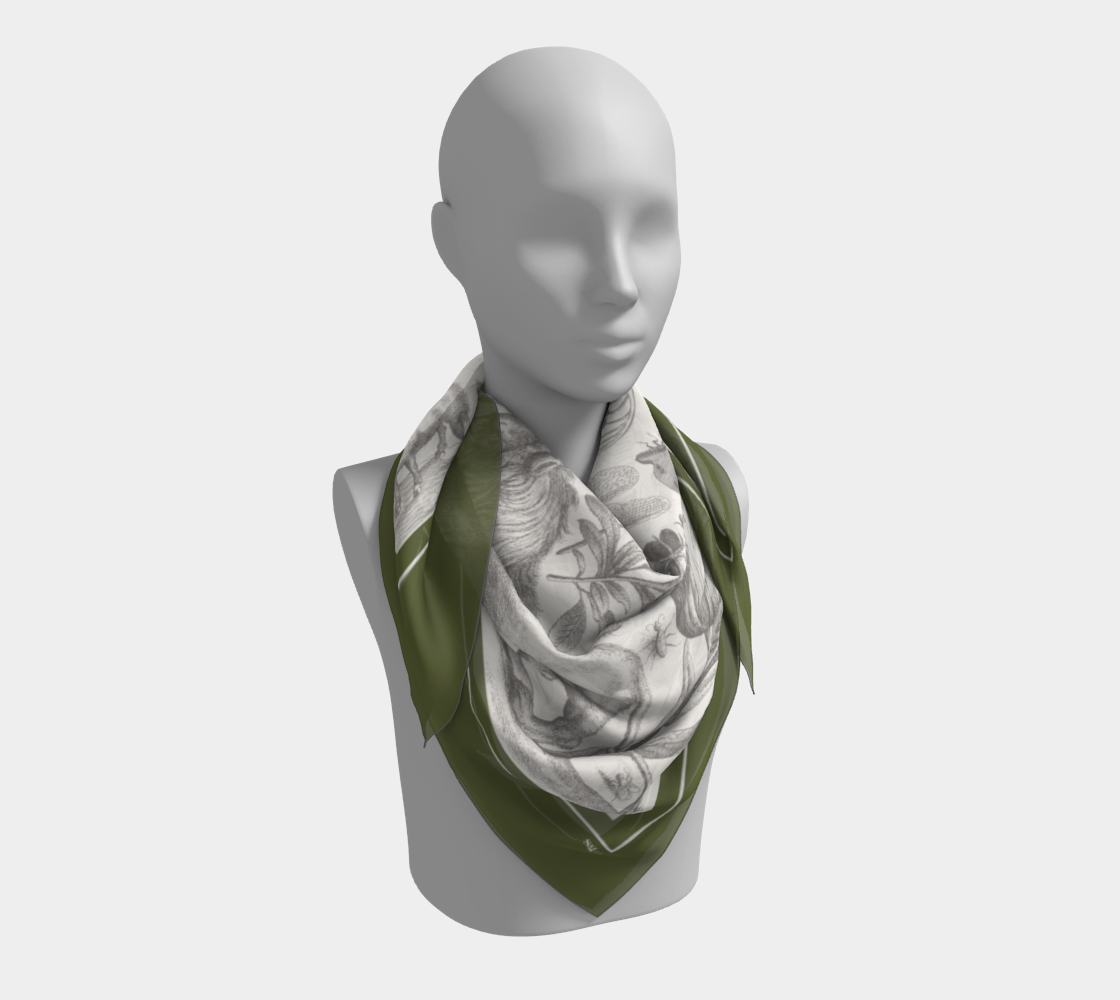 This silk square scarf features vintage florals and animals surrounded by an olive green border.