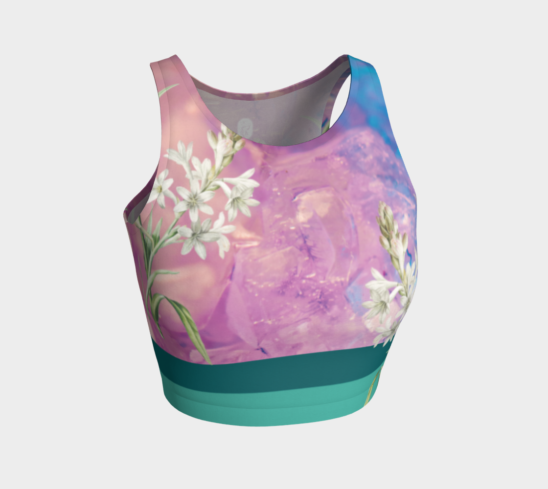 A unique blend of crystal imagery and butterfly florals adorns this athletic top