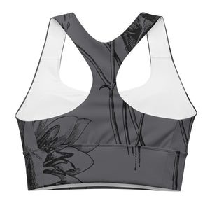 Signature Compression Sports bra featuring black vintage florals against a charcoal background.