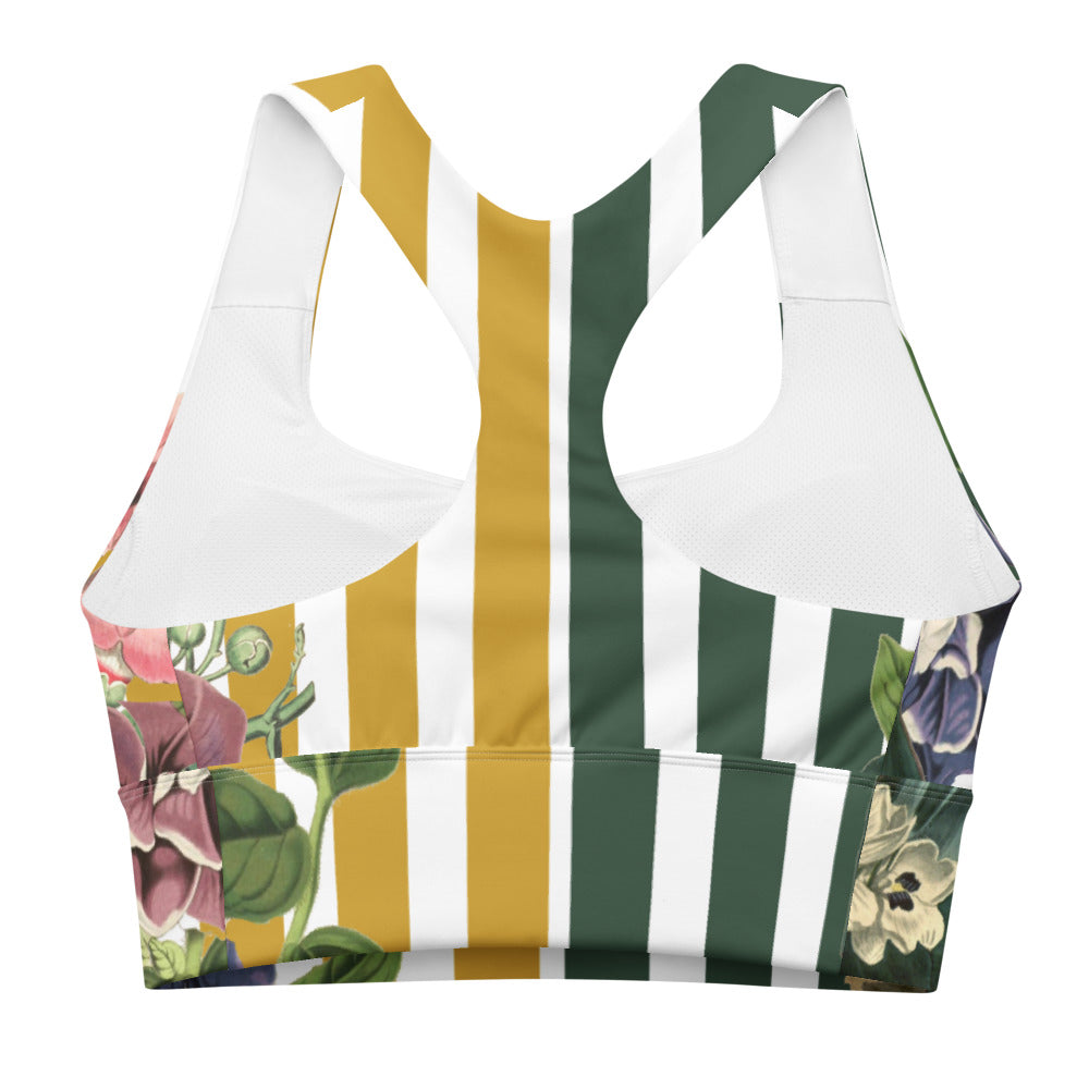 Signature compression sports bra featuring yellow and green stripes and vintage florals.
