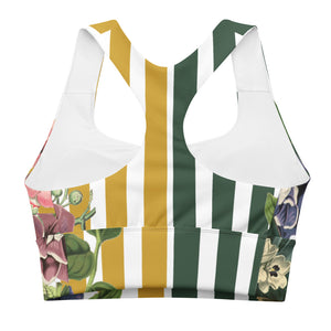 Signature compression sports bra featuring yellow and green stripes and vintage florals.