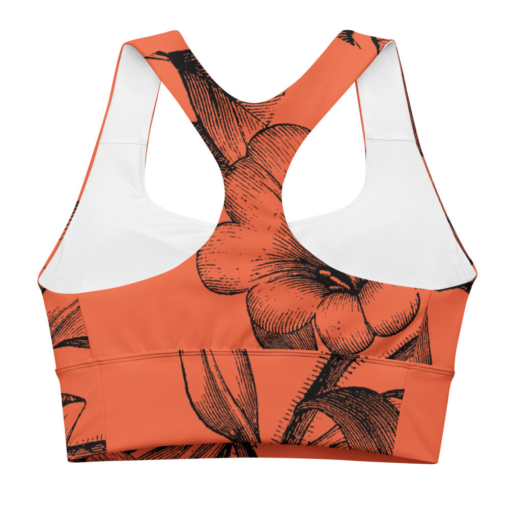 Signature sports bra with extra support featuring black vintage florals against a red background.