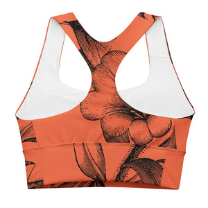 Signature sports bra with extra support featuring black vintage florals against a red background.