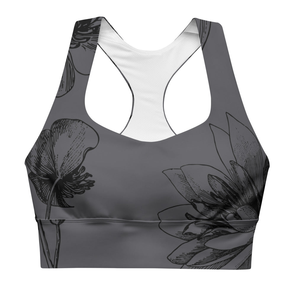 Signature Compression Sports bra featuring black vintage florals against a charcoal background.