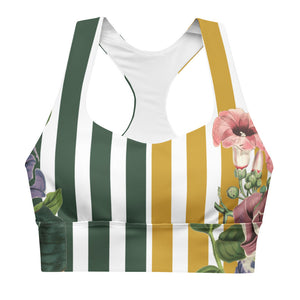 Signature compression sports bra featuring yellow and green stripes and vintage florals.