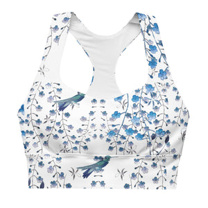 Our signature sports bra featuring tiny florals and hummingbirds