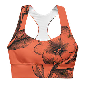 Signature sports bra with extra support featuring black vintage florals against a red background.