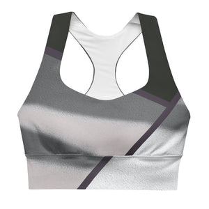 Color block print in black and white adorn this sports bra.
