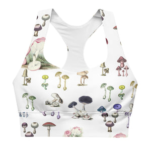 Our must have sports bra adorned with vintage mushrooms in a rainbow of colors