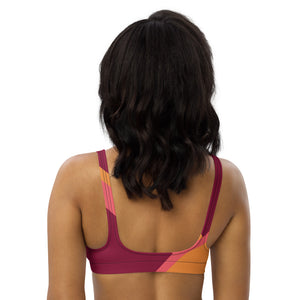 Recycled bikini sports bralette with removable pads with a wine and pink color blocking printRecycled bikini sports bralette with removable pads shown in a wine, orange and pink color palette