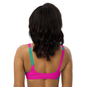 Recycled bikini sports bralette with removable pads with a mint and pink color blocking print