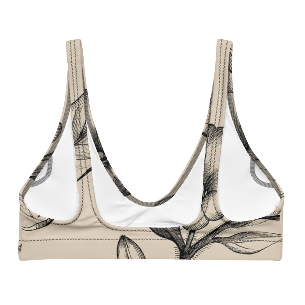 Our signature sports bralette featuring black vintage florals against an ivory backdrop.