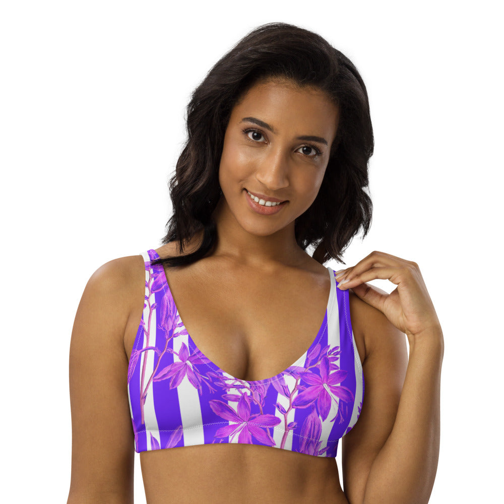 Recycled bikini sports bralette with removable pads with purple stripes and florals