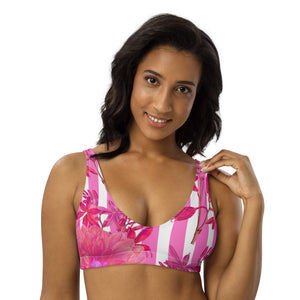 Recycled bikini sports bralette with removable pads with pink stripes and florals