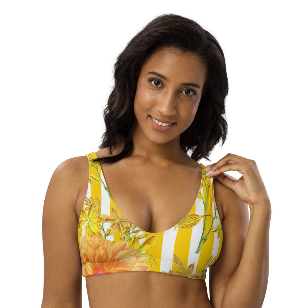 Recycled bikini sports bralette with removable pads with yellow stripes and florals