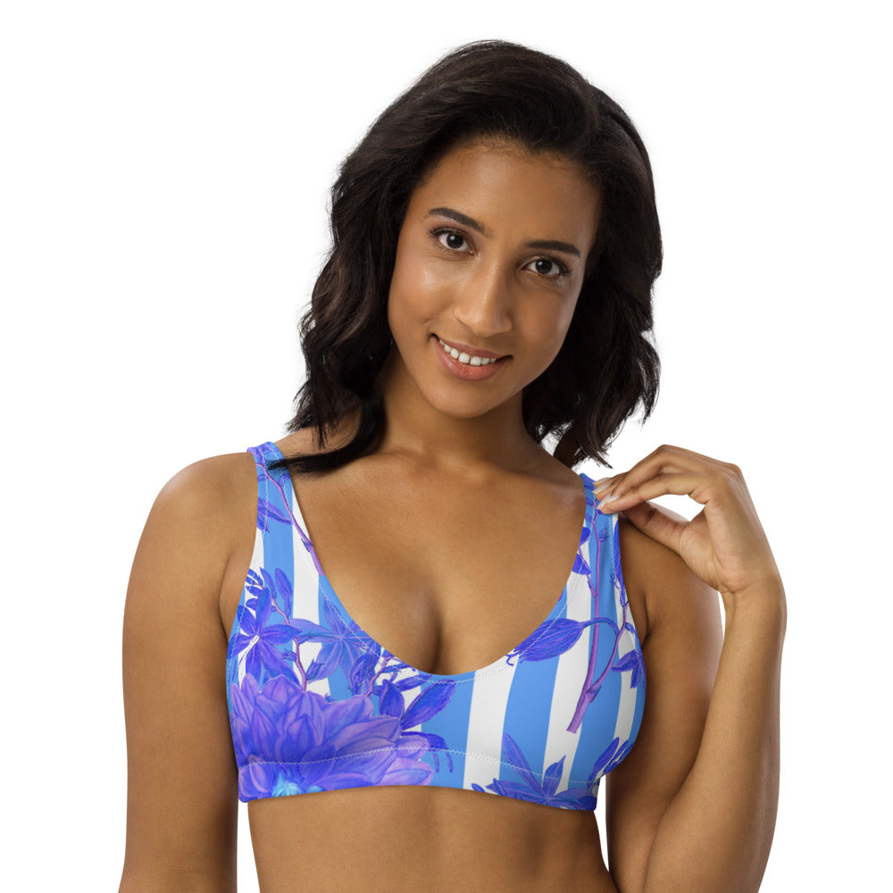 Recycled bikini sports bralette with removable pads with blue stripes and florals