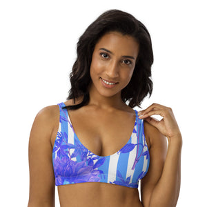 Recycled bikini sports bralette with removable pads with blue stripes and florals