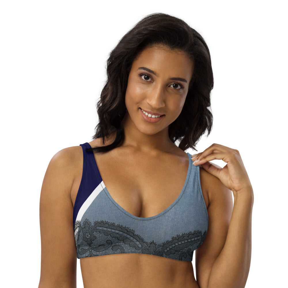 Recycled bikini sports bralette with removable pads in our denim and lace pattern