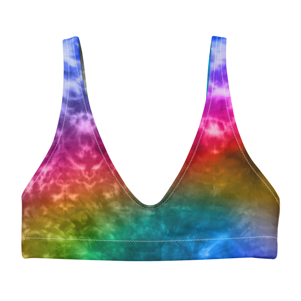 Recycled bikini sports bralette with removable pads shown in an electric rainbow tie dye print.
