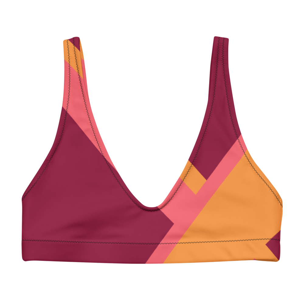 Recycled bikini sports bralette with removable pads shown in a wine, orange and pink color palette