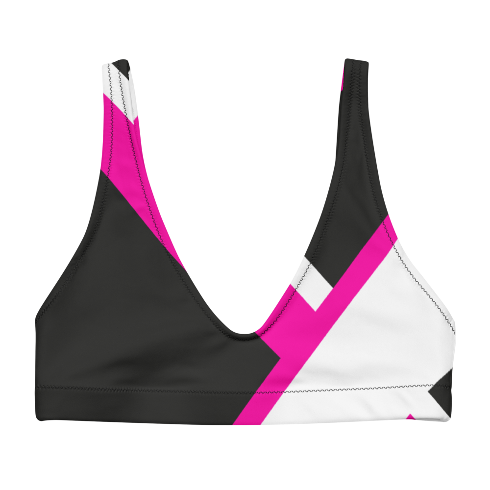 Recycled bikini sports bralette with removable pads shown in a vibrant pink and black signature color block print..