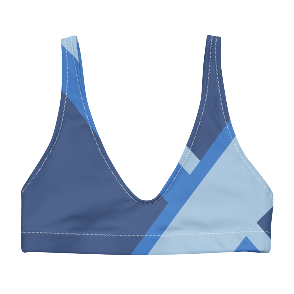 Recycled bikini sports bralette with removable pads shown in a beautiful blue color palette