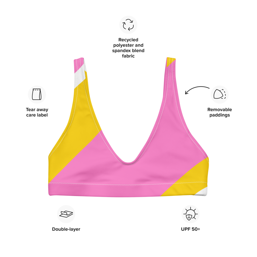Recycled bikini sports bralette with removable pads in a playful pink, yellow and white color palette.