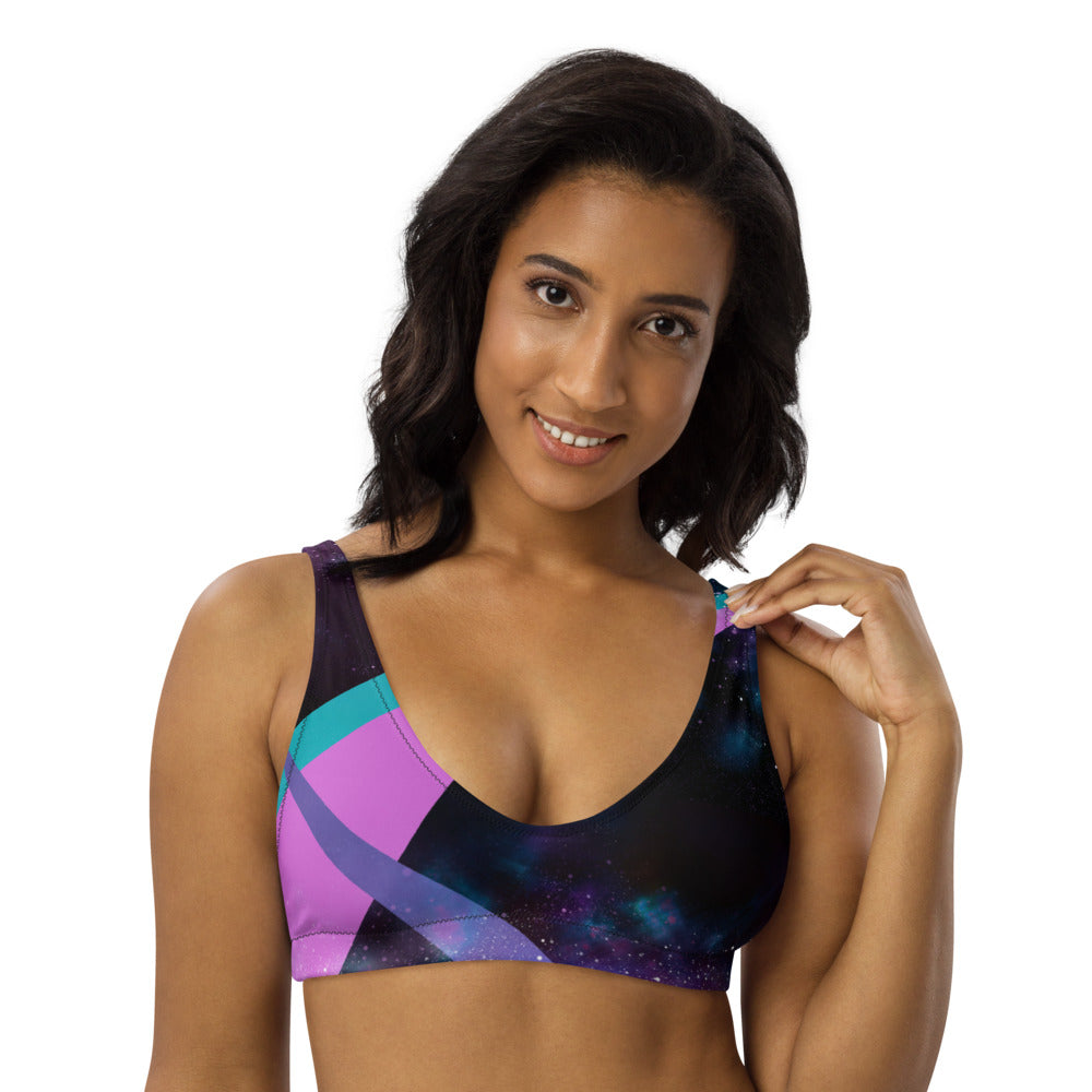 Galaxy imagery with sporty stripes on our signature sports bralette that doubles as a bikini.