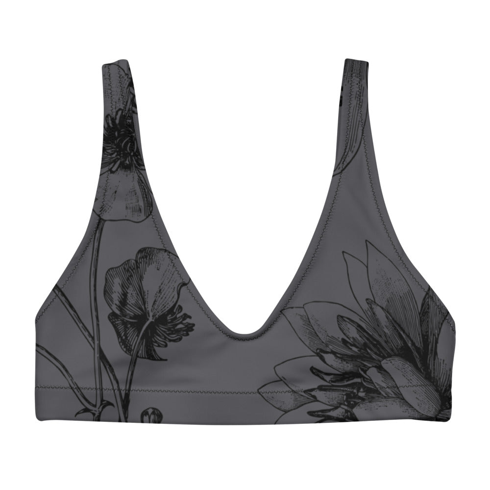 Black botanicals set against a gorgeous charcoal background adorn this beautiful sports bralette.