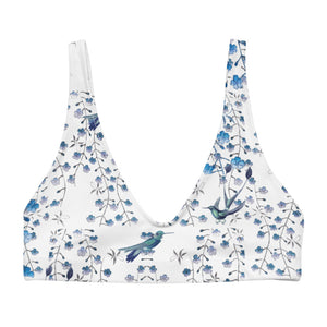 Tiny blue florals and hummingbirds dance across this gorgeous sports bralette.s