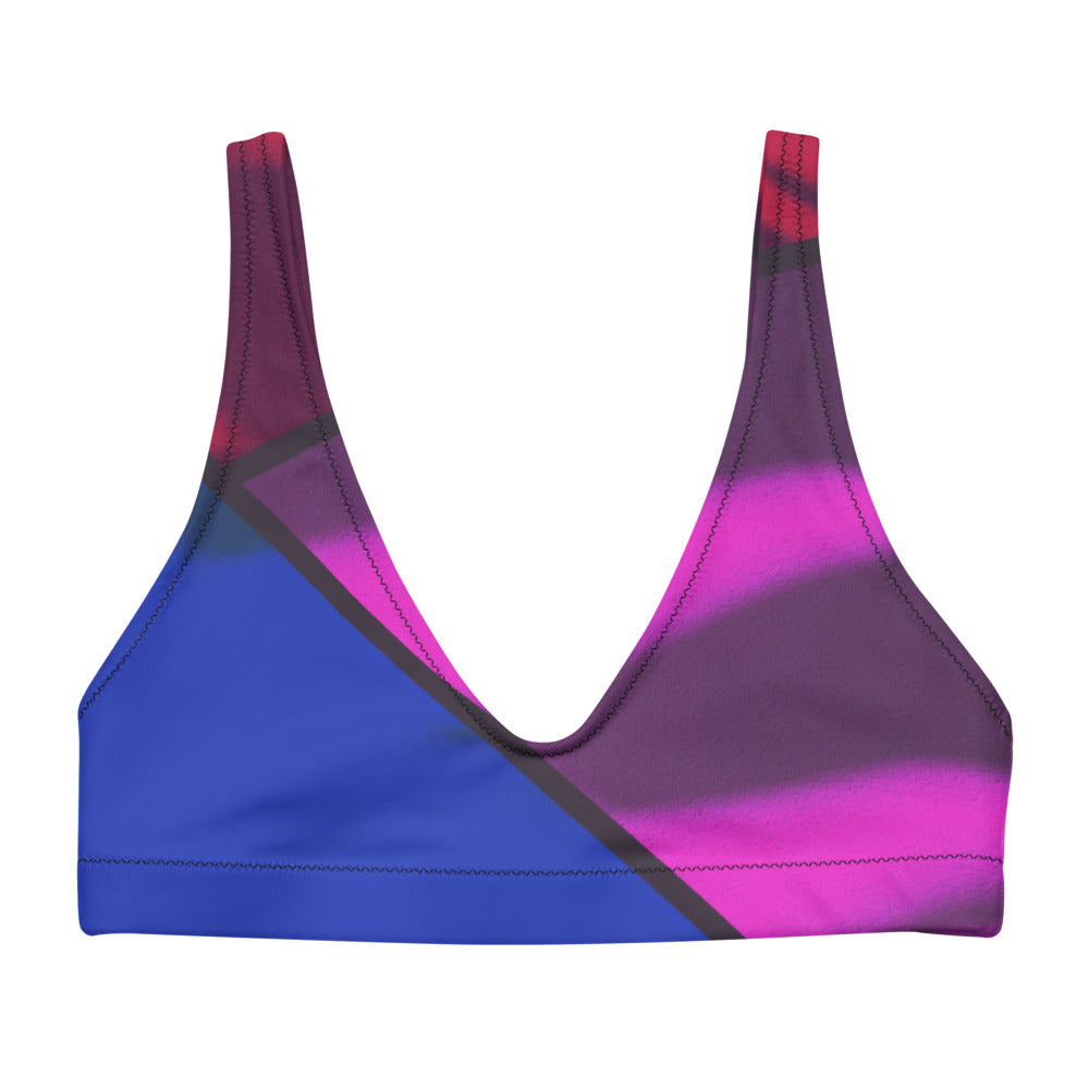 Color block print in vibrant pink, blue and red adorn this sports bralette.