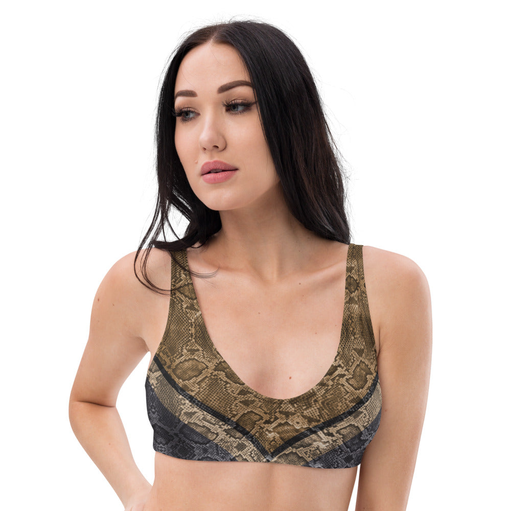 Our sports bralette featuring a beautiful snakeskin print in nature inspired shades of tans and greys