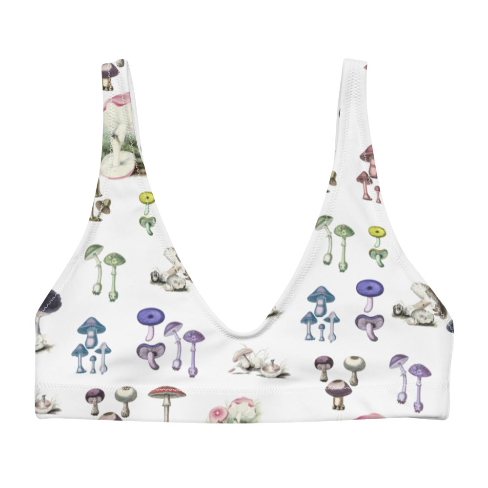 Sports bralette adorned with vintage mushrooms in a rainbow of colors