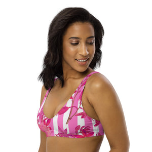Recycled bikini sports bralette with removable pads with pink stripes and florals