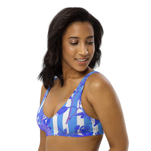 Recycled bikini sports bralette with removable pads with blue stripes and florals