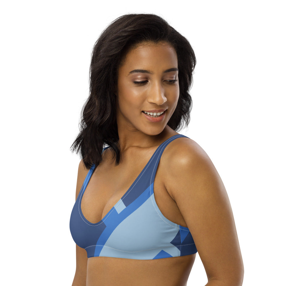 Recycled bikini sports bralette with removable pads with a blue color blocking print