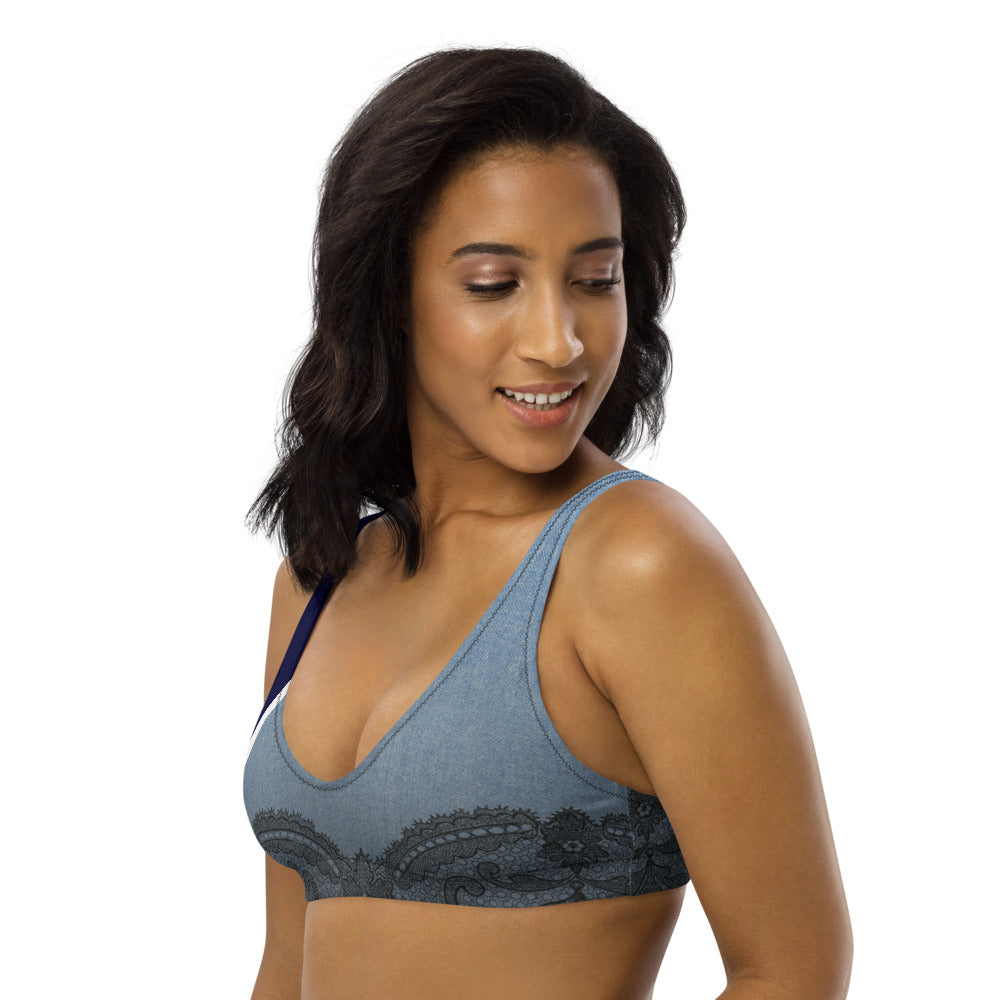 Recycled bikini sports bralette with removable pads in our denim and lace pattern