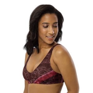 Our sports bralette featuring a beautiful snakeskin print in deep reds and pinks