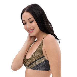 Our sports bralette featuring a beautiful snakeskin print in nature inspired shades of tans and greys