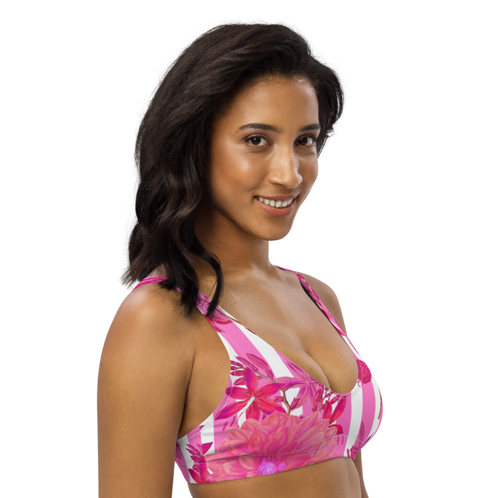 Recycled bikini sports bralette with removable pads with pink stripes and florals